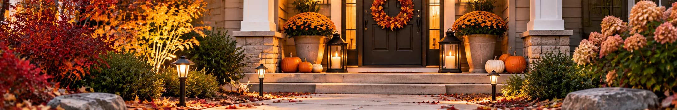 Wide view of a stone-stepped entry with mums, lanterns, and an autumn garden at dusk