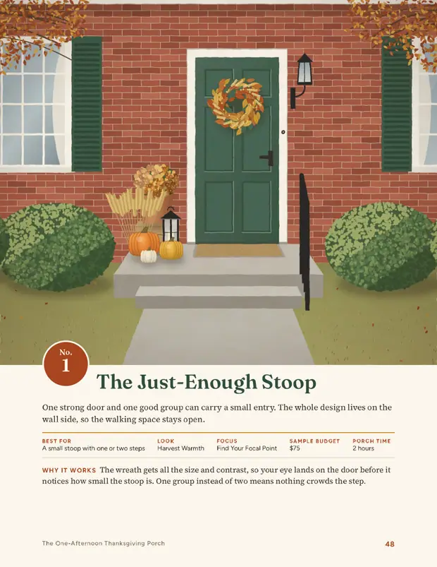 Book page: Recipe 1, The Just-Enough Stoop, with an illustrated finished porch