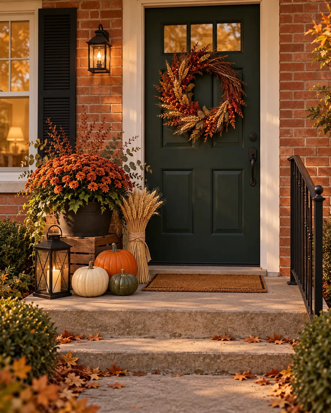 Brick stoop with a grapevine wreath on a dark door and one group of mums, a lantern, and pumpkins beside it