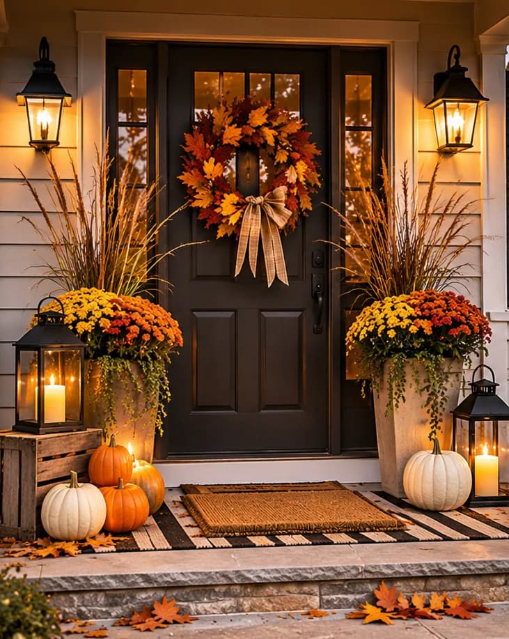 Front door with a rust leaf wreath, tall planters, black lanterns, and pumpkins on either side