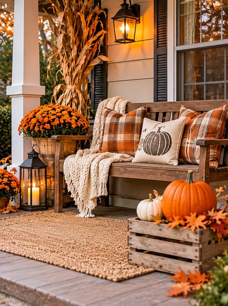 Wooden porch bench with a cream throw, plaid pillows, mums, corn stalks, and a crate of pumpkins