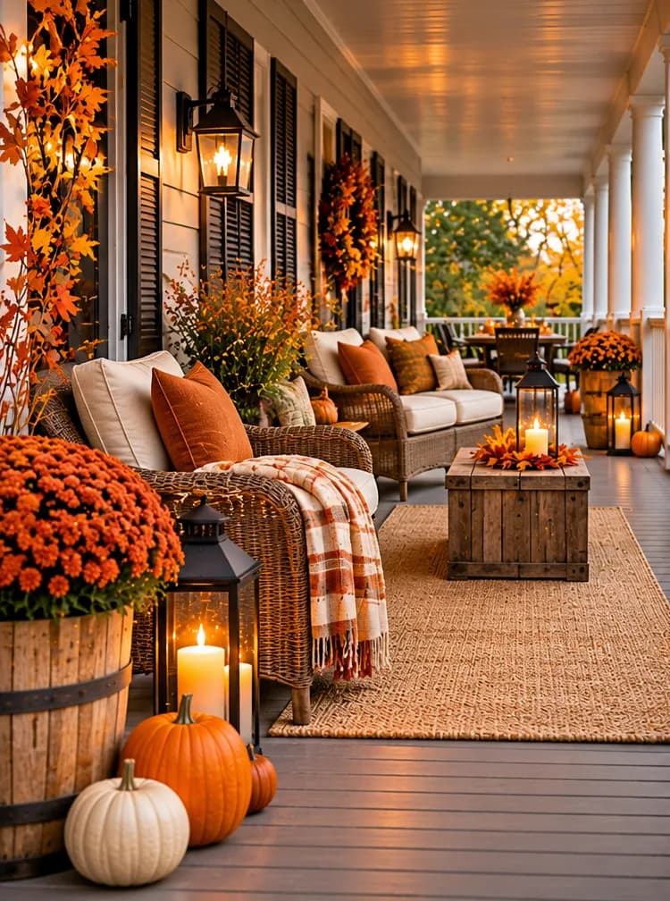 Long covered porch with wicker seating, a woven rug, lanterns, mums, and pumpkins